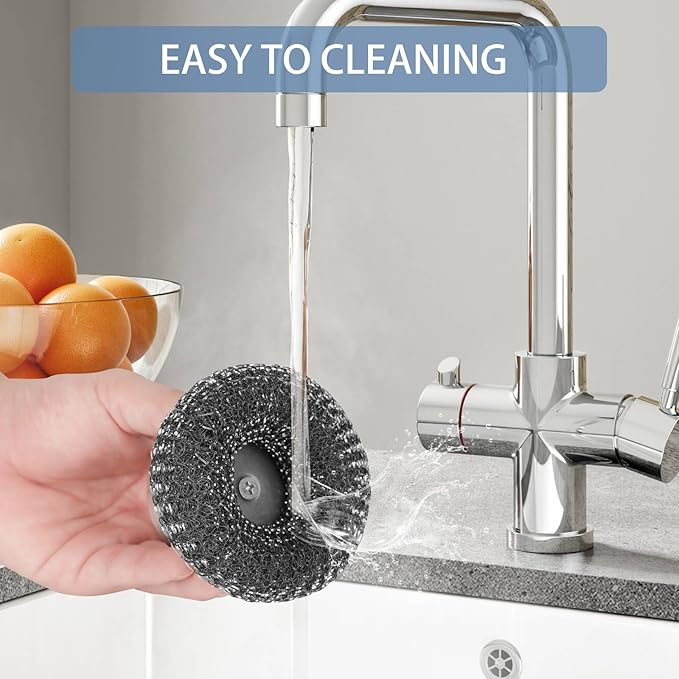 Onewly 2Pack Steel Wool Scrubber Set, Stainless Steel Scrubber with Stainless Steel Handle, for Cleaning Dishes, Cast Iron, Stock Pots, Pans, Griddles, Grills