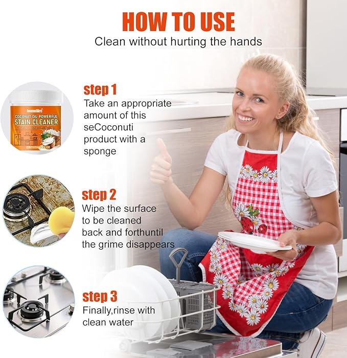 JoanofArc Multi-Purpose Powerful Cleaner for Kitchen, 100g Coconut Oil Cleaning Paste, Heavy Duty Degreaser-Paste, Coconut Oil Polishing Cleaner, Deep Cleaning Stain Remover for Kitchen Appliance