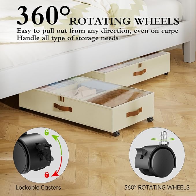 Yecaye Under Bed Storage with Wheels, 4 Pack Under Bed Storage Containers with Adjustable Dividers & Clear Window, Rolling Underbed Organizer Bins Drawers for Clothes, Shoes, Blankets, Beige