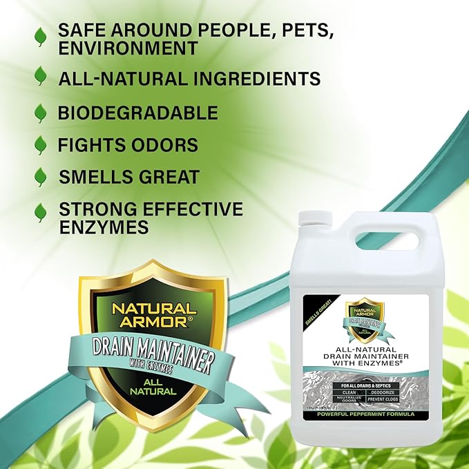 Natural Armor Enzyme Drain Maintainer - Gallon Drain Cleaner with Natural Enzyme Power to Prevent Buildup & Odors - Safe for Sinks, Showers, Grease Traps & Septic - Non-Toxic Formula, 128 fl oz Case