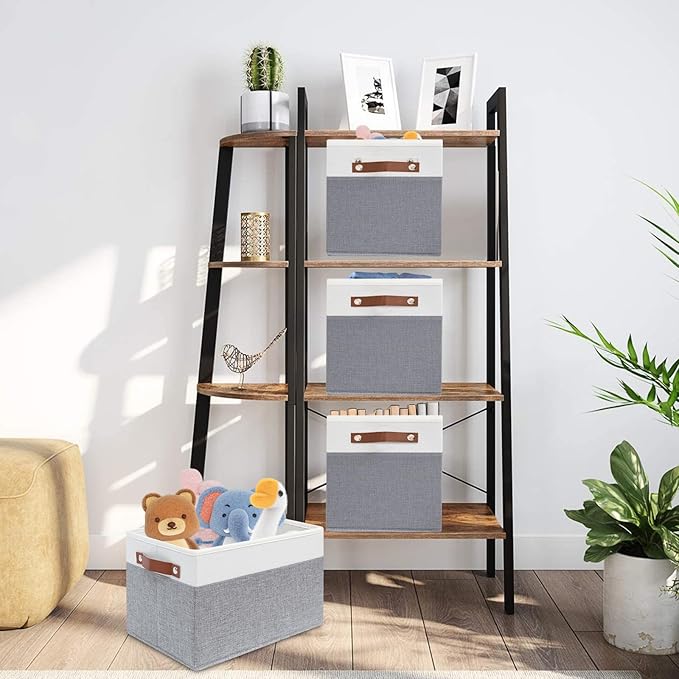 4 Pack Fabric Storage Baskets for Shelves, Closet Storage Bins for Shelves, Fabric Baskets for Organizing with Handles for Home and Office (White with Grey,15"L*10.2"W*9"H)