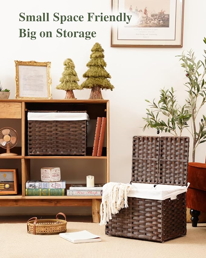 Storage Basket with Lid Woven Wicker Baskets with 2 Separate Lid, 9.2 Gallon (35 L) Wicker Storage Bins with Handles, Foldable and 2 Removable Liner Bags for Bedroom, Laundry Room Brown
