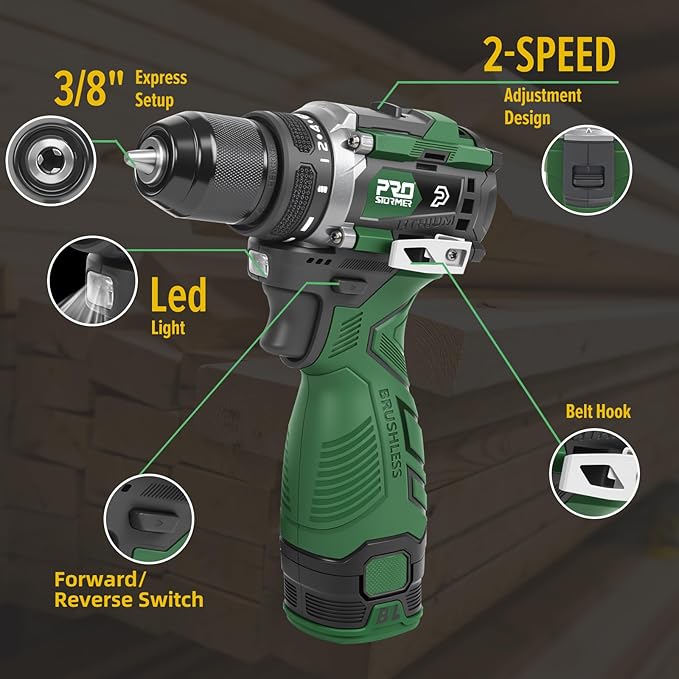 Prostormer 17V Brushless Power Drill Set, 60N.m Cordless Drill Driver with 2 Variable Speed, 3/8" Keyless Chuck, 24 Pcs Drill Bits, 2pcs 1.5Ah Battery & Charger, Storage Box Included