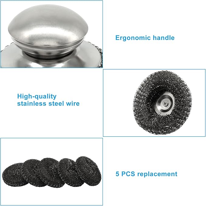 Steel Wool Scrubber with Replacement Wire Pads Set - 1 Heavy Duty Scrubber + 5 Stainless Steel Pads for Effortless Cleaning of Cast Iron, Grill Grates, Rust-Resistant Handle Design