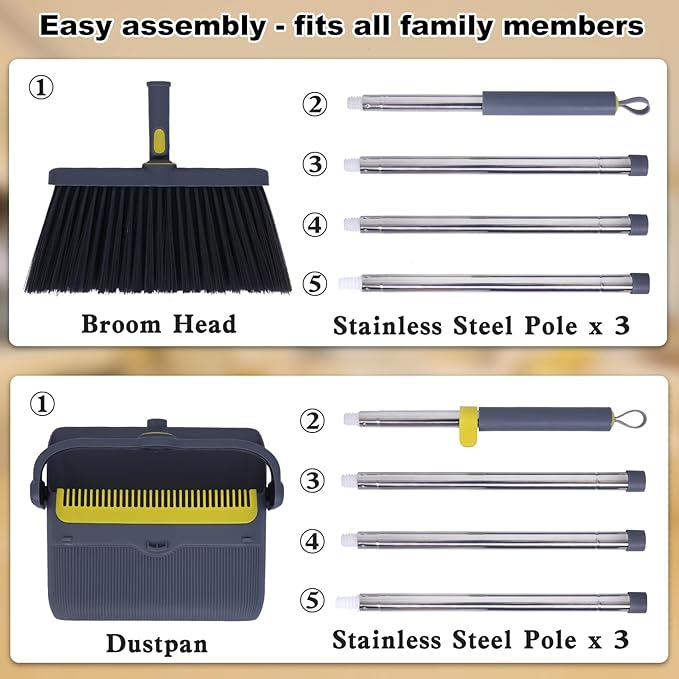 Heavy Duty Broom and Standing Dustpan Combo Set, Rotatable Head Dust Pan and Brush Set with Collapsible Handle, Cleaning Teeth, Hanging Loop, Ideal for Pets, RV, Kitchen, Camping, Outdoor Floor, Gray