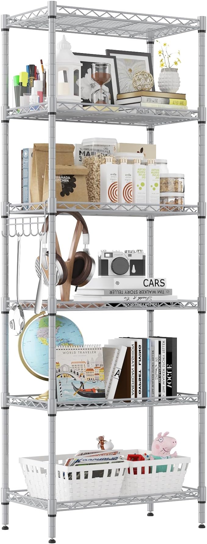 Homdox 6-Tier Storage Shelf Wire Shelving Unit Free Standing Rack Organization with Adjustable Leveling Feet, Stainless Side Hooks, Silver