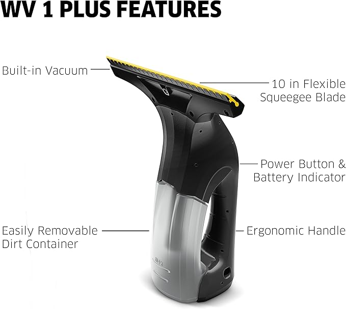 Kärcher WV 1 Electric Window Vacuum Squeegee 10" - Perfect for Showers, Mirrors, Glass, and Countertops - Electric Squeegee, Black