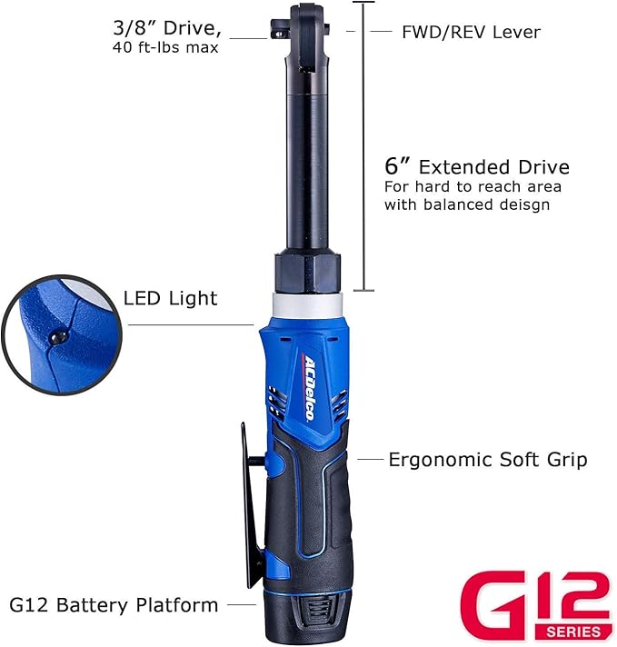 ACDelco ARW1218-3P G12 Series 12V Li-ion Cordless 3/8” 40 ft-lbs. Extended Ratchet Wrench Tool Kit