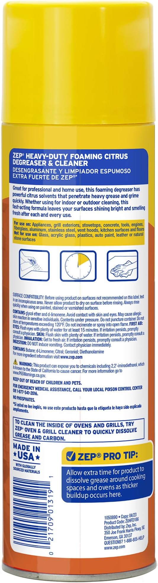 Zep Heavy-Duty Foaming Citrus Degreaser & Cleaner - 18 oz. (Case of 6) - ZUHFD186 - Pro-Trusted Citrus Formula Cuts Through Grease & Grime with Ease
