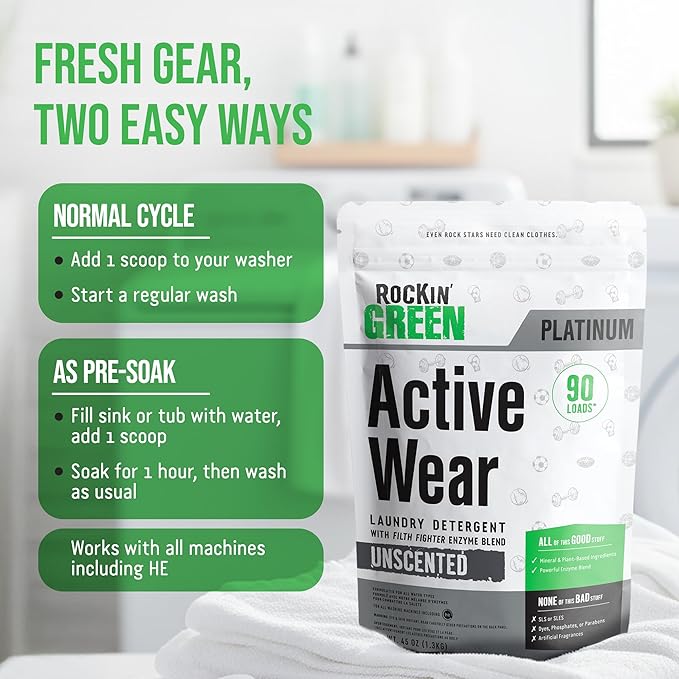 Rockin’ Green Active Wear Laundry Detergent - Unscented Laundry Detergent Powder & Odor Eliminator - Workout Clothes & Sportswear - Safe for Sensitive Skin - 90 Loads