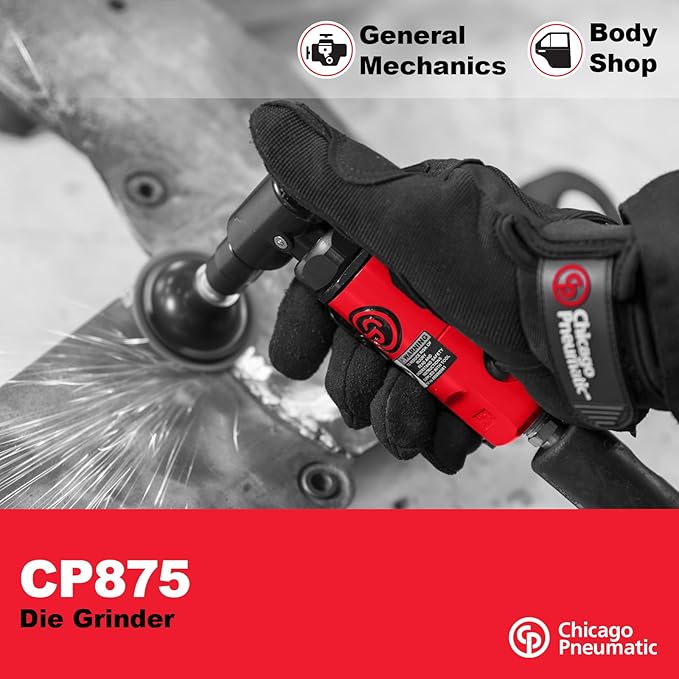 Chicago Pneumatic CP875 Kit - Air Die Grinder Tool, Welder, Woodworking, Automotive Car Detailing, Stainless Steel Polisher, Heavy Duty, Right Angle Grinder, 1/4 Inch (6 mm), 0.3 HP/ 220W - 22500 RPM