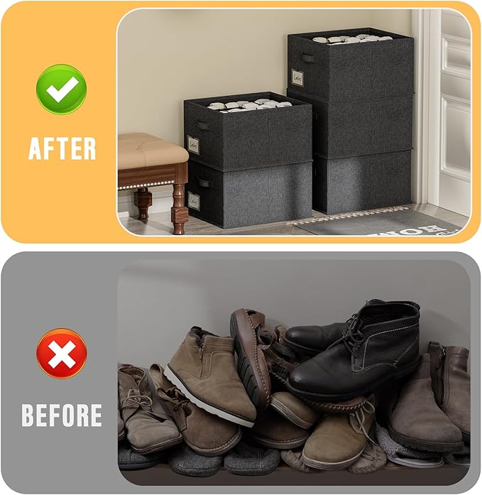 FHSQX 4 Pack Shoe Organizer for Closet,Foldable Shoe Organizer,Fits up to 48 Pairs,Storage Containers With Bottom Support for Shoes (Black, (16.5 * 12.6 * 9.5) x4)