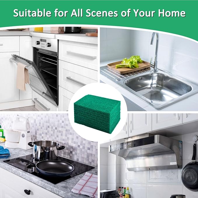 CONLI 100 PCS Scouring Pad Reusable Household Green Scrubbing Pads for Cleaning, Multipurpose 6" x 4" Non Scratch Scrubbing Pads for Kitchen Dishes Pan Metal Grills