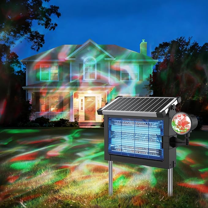 Solar Bug Zapper Outdoor with Projector Lights, Mosquito Zapper Waterproof Electric Fly Zapper Rechargeable with 10W Solar Panel, 4500V Cordless Fly Trap for Backyard, Patio, Garden, Camping