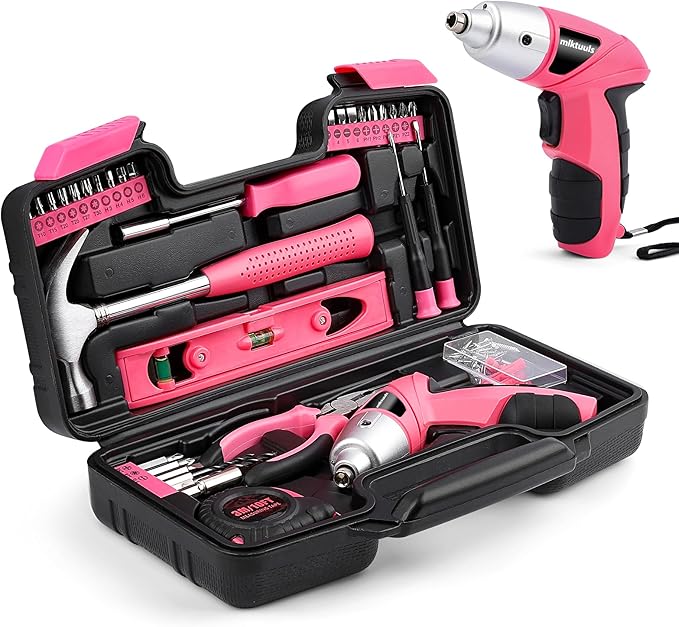 Electric Screwdriver Tool Set 112PCS, Home Tool Kit with 3.6V Small Power Cordless Screwdriver for Women, Pink