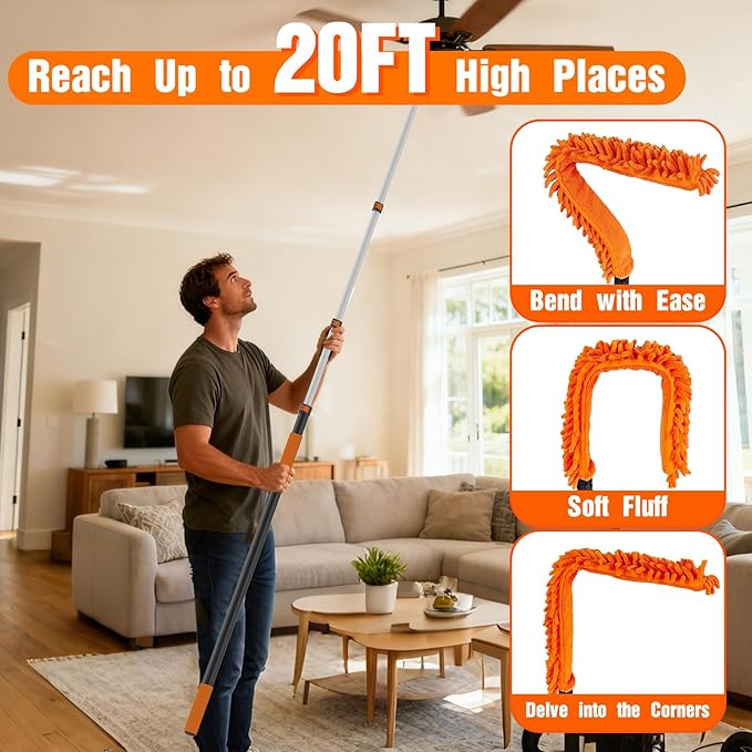 20FT Reach High Ceiling Duster Kit, Window Cleaning kit with 3-12FT Extension Pole, Fan Duster for Ceiling Fan Blades, Microfiber Feather Duster, Rotatable Window Squeegee and Cobweb Duster