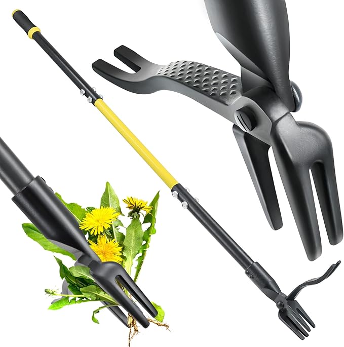 Jardineer Weed Puller Tool, 45" Stand Up Weed Remover Tool with Reinforced All-Steel Handle & 4-Claw Steel Head, Heavy Duty Manual Weeder for Garden Lawn Yard, Easily Remove Weeds Without Bending