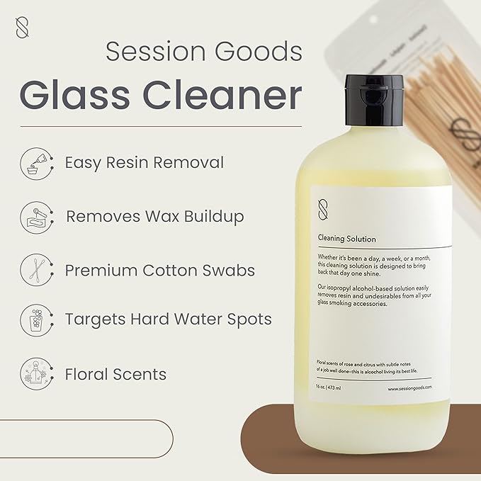 Session Goods Glass Cleaning Solution 16Oz (Scented) - Glass Pipe Cleaner with Cotton Swabs, Water Pipe Cleaner Cleans Metal, Silicone, Ceramic, & Resin Remover, Destroy Wax, Oil & Stinky Debris