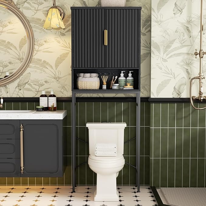Over The Toilet Storage Cabinet with Fluted Doors and Adjustable Shelf, Tall Bathroom Organizer with Metal Stand Space Saver Over Toilet , Wood Rack for Bathroom, Restroom, Laundry, Natural Black