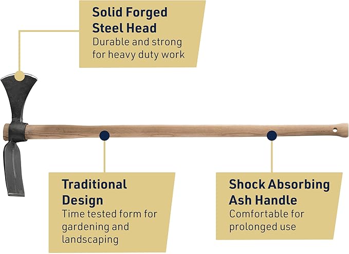 Cutter Mattock Digging Tool - 42” Garden Hoe and Hand Pick Axe Splitting Hatchet with Steel Blades and Wood Handle -Pickaxe for Digging Tools for Hard Ground, Weeding, Planting by Kings County Tools
