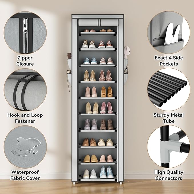 ROJASOP Shoe Rack with Covers 10 Tier Large Shoe Organizer Tall Shoe Closet Storage for 20-22 Pairs Shoe and Boot, Free Standing Shoe Rack Organizer for Closet, Entryway, Bedroom, Grey