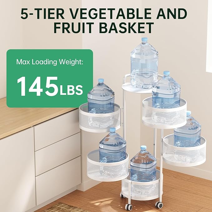 JAQ 5-Tier No Assembly White Rotating Storage Rack, Large Capacity Utility Cart for Kitchen Bathroom Nursery, Heavy Duty Fruit Vegetable Stand, White