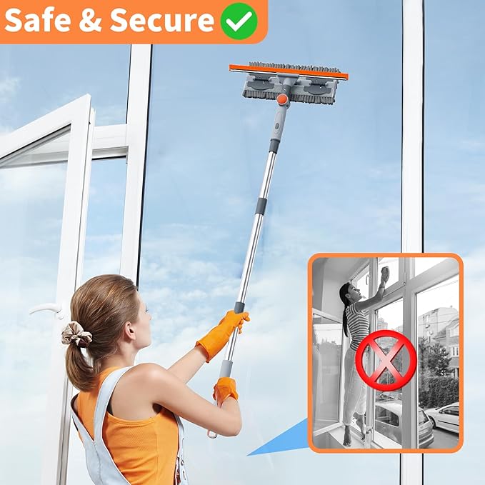 6.4FT Extendable 2-in-1 Window Washing Kit with Long Handle, 180° Rotatable Head & No-Drill Storage Holder, Streak-Free Window Squeegee for High Windows, Glass, Shower, and Car Windshield Cleaning