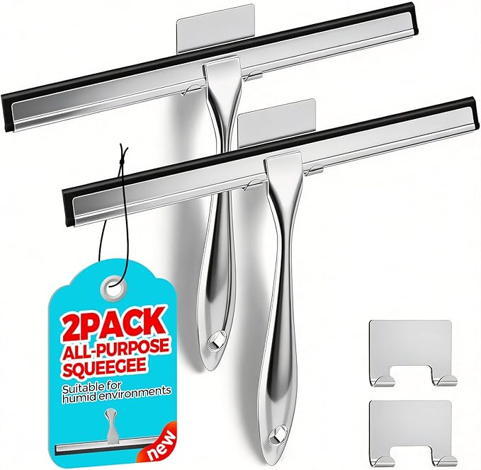 2PACK 11.5-Inch All-Purpose Shower Squeegee for Shower Doors, Tile Shower Walls, Bathroom, Window, Glass and Car Windshield, Mirrors and Kitchen-Stainless Steel, Silver