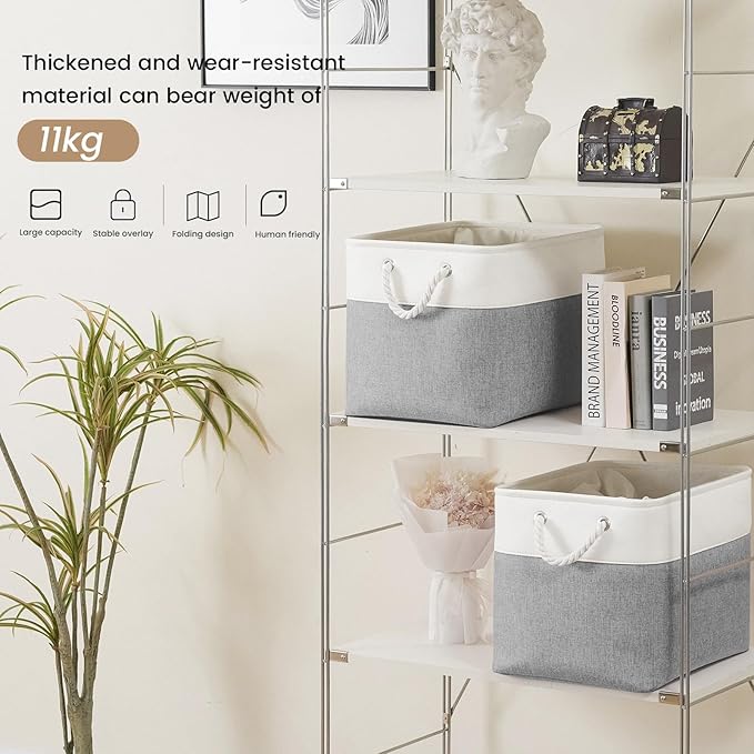 Large Storage Baskets- 15x11x10 inch Storage Bins for Shelves and Closet Organizing, Foldable Fabric Bin for Home Organization Clothes and Laundry (1-Pack, White&Gray)