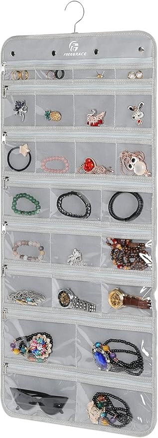 Freegrace Hanging Jewelry Organizer with Secure Zipper Closure - 360° Revolving Hanger, 25 Clear Pockets, 23 Necklace Hooks - Foldable Travel Storage & Closet Display (Gray)