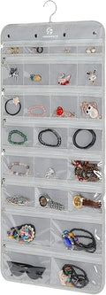 Hanging Jewelry Organizer with 50 Transparent Pockets, 360 Rotating Hanger & Secure Zipper Closure - Foldable Double Sided Jewelry Storage Bag for Earrings, Rings, Necklaces, Bracelets (Gray)