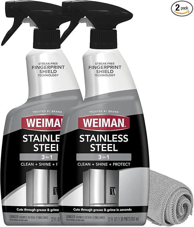 Weiman Stainless Steel Cleaner & Polish, 2 Pack, Anti Fingerprint Spray Stainless Steel Cloth, Water Spots & Grease, No Streaks or Residue, Safe for Metal Polish, Chrome, Appliances, Sinks & Grills