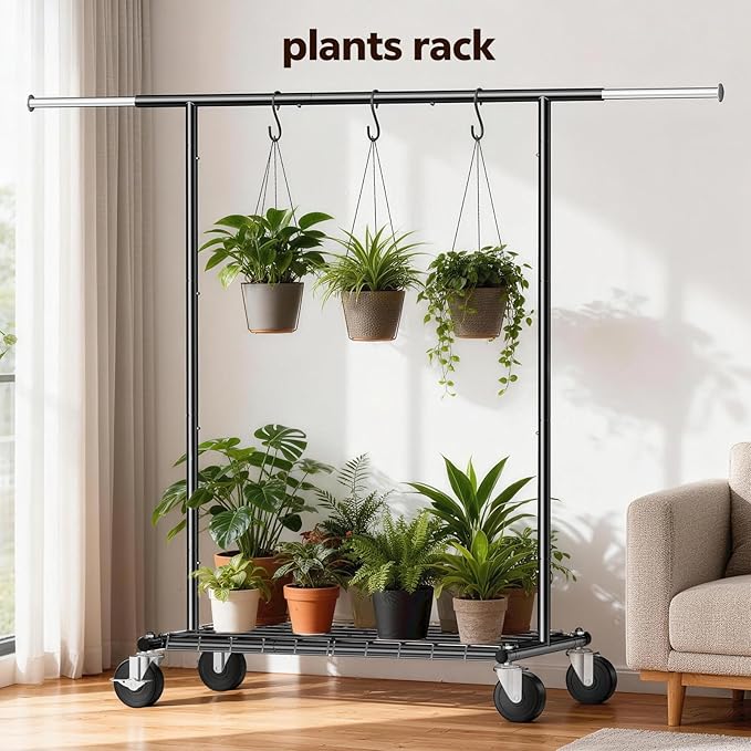 Heavy Duty Clothes Rack - Load 500 LBS, Rolling Clothing Rack for Hanging Clothes with Lockable Wheels & & Shelves, Extendable Garment Rack for Bedroom, Laundry, Living Room (Black)