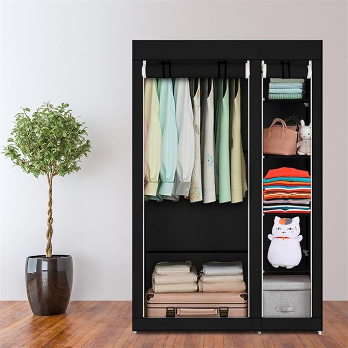 Portable Closet Wardrobe,67'' Closet Storage Organizer Rack with Shelves and Cover for Hanging Clothes, Non-Woven Fabric, Quick and Easy to Assembly (Black)