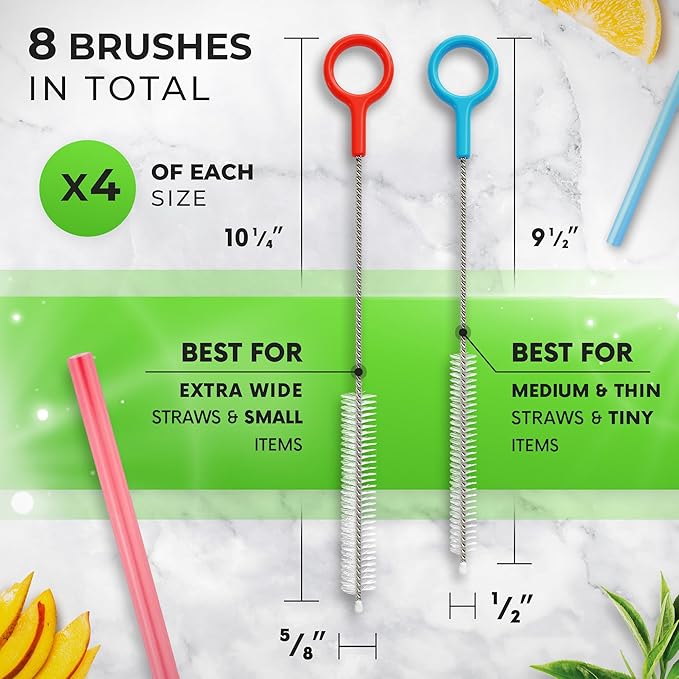 Heavy Duty Cleaning Brushes Set of 8 - Extra Long Straw Cleaners for Metal and Plastic Reusable Drinking Straws, to Clean Small Spaces, Sippy Cups, Water Bottles - Sturdy Hard Brush Bristles