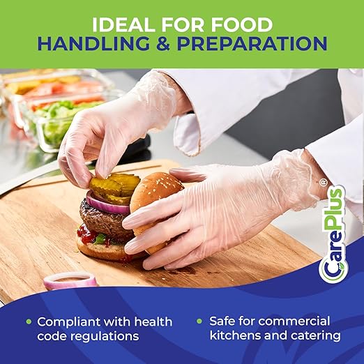 CARE PLUS Latex-Free Vinyl Gloves Clear Large Size 100 Count | Heavy Duty, Non-Sterile, Powder-Free, Rubber | Food Prep, Kitchen & Cleaning Gloves, Ideal for Professional Use
