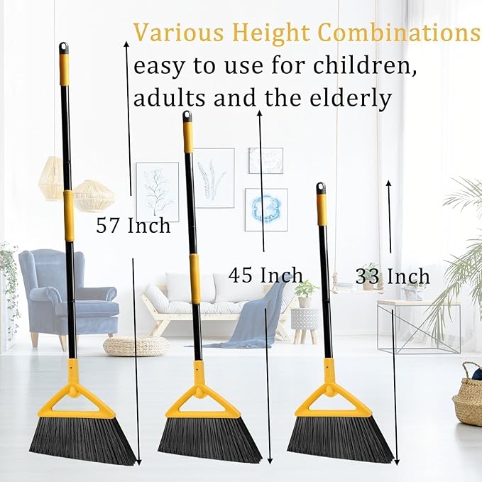 Heavy Duty Angle Broom - Yellow Broom for Outdoor & Indoor, Garage, Driveway, Sidewalk, Kitchen & More, Long Handle