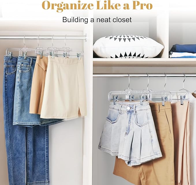HOUSE DAY 100 Pack Skirt Hangers with Clips, Clear Plastic Pants Hangers with 2-Adjustable Clips，Non-Slip Clip Hanger for Pant, Skirts, Shorts, Bulk Retail Hanger