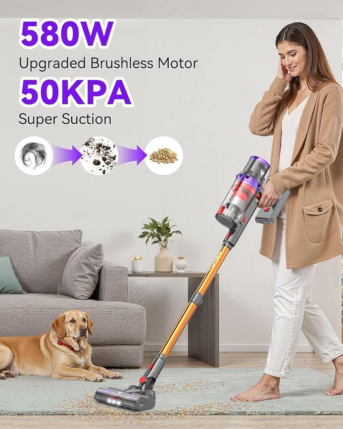 Coovy SU7 Cordless Vacuum Cleaner 580W 50Kpa 80 Minutes Runtime Stick Vacuum with Touch Screen Anti-Tangle Wireless Powerful Lightweight LED Vac for Home Pet Hair Carpet Hardwood, Gold