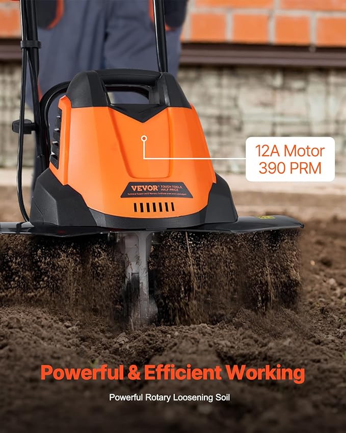 VEVOR 12 Amp Electric Tiller, 18" Tilling Width & 3.94" Tilling Depth, Corded Electric Cultivator with Adjustable Wheels, Steel Mn Tines, Rototiller for Garden Lawn Easy Soil Digging Cultivation