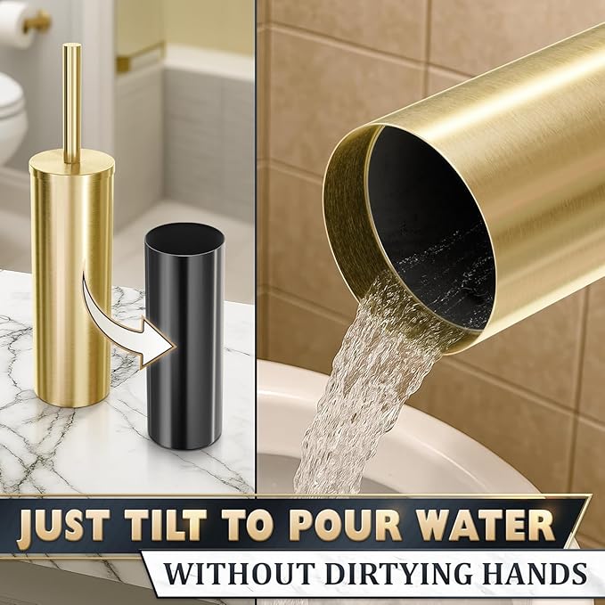 2 PCS Gold Toilet Brush and Holder Set - Brushed Stainless Steel Gold Toilet Bowl Brush and Holder with Replacable Head, Removable Inner Bowl, and Splash Protection - Dense Bristles for Cleaning