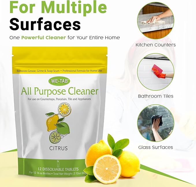 All Purpose Cleaner Concentrate Refill, Multi Surface Clean Refill, Non-toxic Cleaning Tablets 12-pack. Makes 192 fl oz (12x16Fl oz) Bottles of Spray Cleaner for Household, Bathroom & Kitchen Cleaning