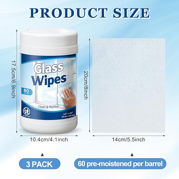 Nuanchu 3 Pack Glass Cleaning Wipes 180 Count Pre-moistened Glass and Original Ammonia-free Formula Surface Wipes for Mirrors, Windows, Kitchen, Home