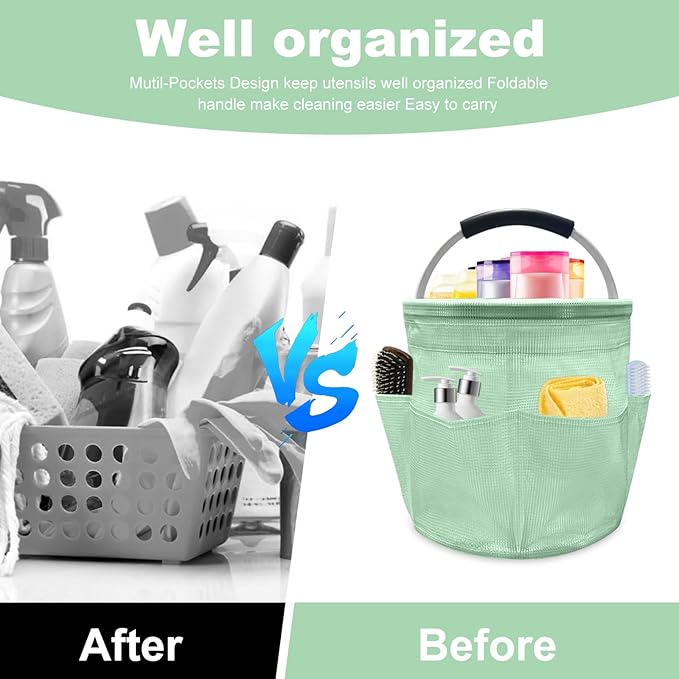 Qivine 17L Cleaning Caddy with Handle, Cleaning Supply Caddy, Foldable Tool Bag Cleaning Products Organizer, Portable Cleaning Bucket Caddy for Cleaning Supplies (Clear Green)