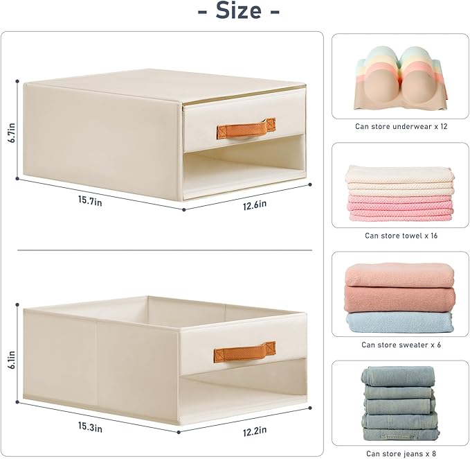 DIMJ Closet Organizers and Storage - Foldable Storage Bins with Drawers Fabric Stackable Storage Drawers with Clear Window,Fabric Clothes Organizers and Storage Drawers for Closet, 6-Pack, Beige