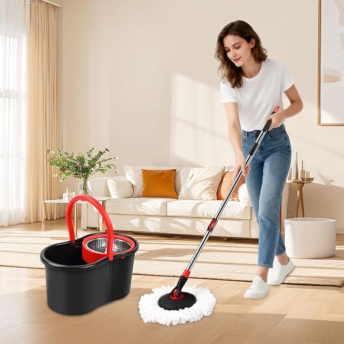 Spin Mop and Bucket, Mop and Bucket with Wringer Set for Home, 360 Spinning Mop Bucket Floor Cleaning Tool with One Microfiber Mop Replacement Head Refills,50" Extended Handle for Floor Cleaning Home