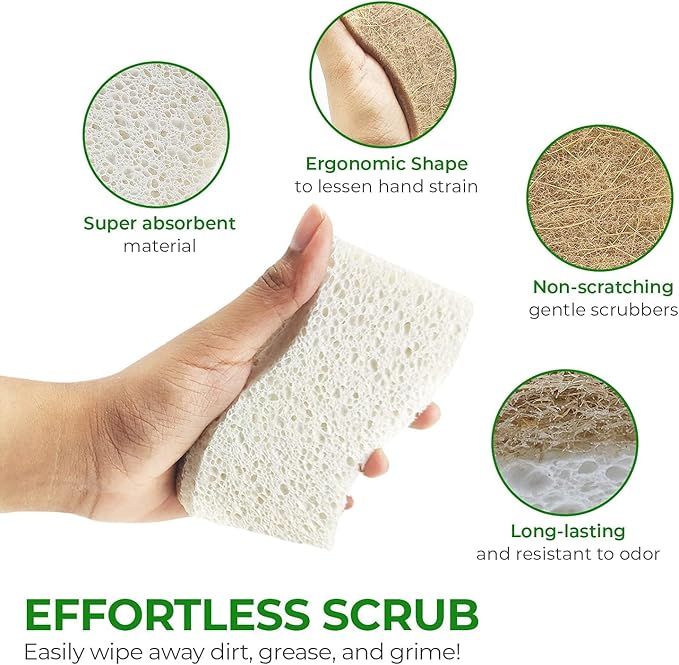Natural Kitchen Sponges (24 Pack) - Biodegradable Cellulose & Coconut Scrubber Dish Sponges for Kitchen - Eco-Friendly, Non Scratch, Compostable, Non Toxic S-Shaped Natural Sponges for Dishes