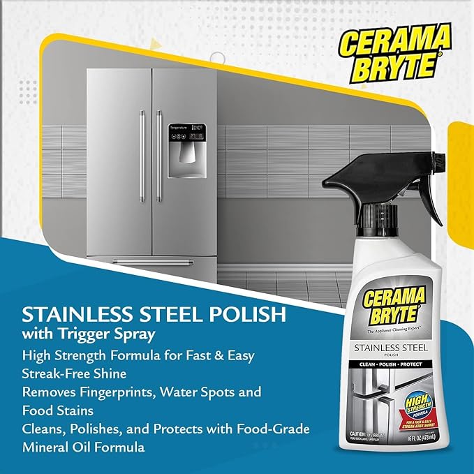 Cerama Bryte High Strength Protective Stainless Steel Appliance Cleaner & Polish Spray with Mineral Oil - 16 oz, Includes Large Microfiber Cloth