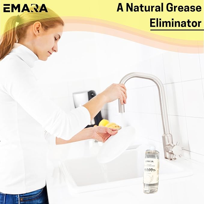 EMARA All-Natural, Non-Toxic Dish Soap Liquid - 17 fl oz (500ml) - Hypoallergenic, Organic, Cuts Grease & Food Residue, Lemon and Orange Scent, Pack of 2