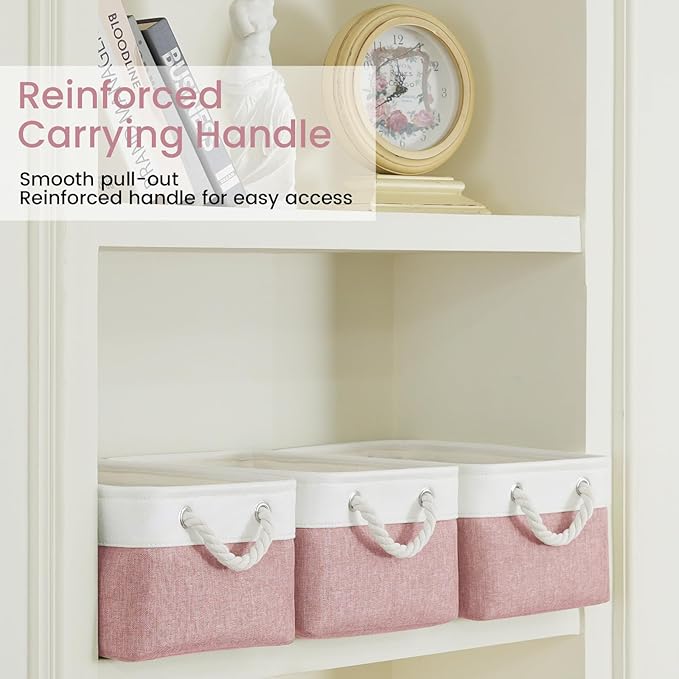 Storage Baskets for Shelves 13.8x9.8x6.7 Inch-Foldable Fabric Organizing Storage Bins with Handles, Closet & Bathroom Organizer, Home Storage for Kitchen, Office (3-Pack, White&Pink)